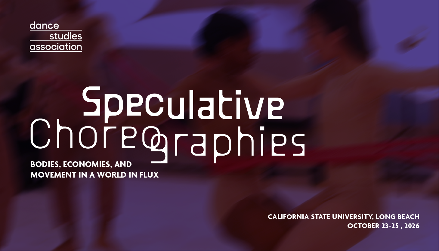 Speculative Choreographies Logo with a blurred, purple-ish image of two dancers holding hands in a counter balance. Other bodies blur in the background.