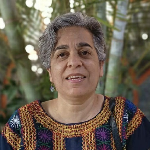 Mahsa, with short greying hair, talking against a background of a palm tree.
