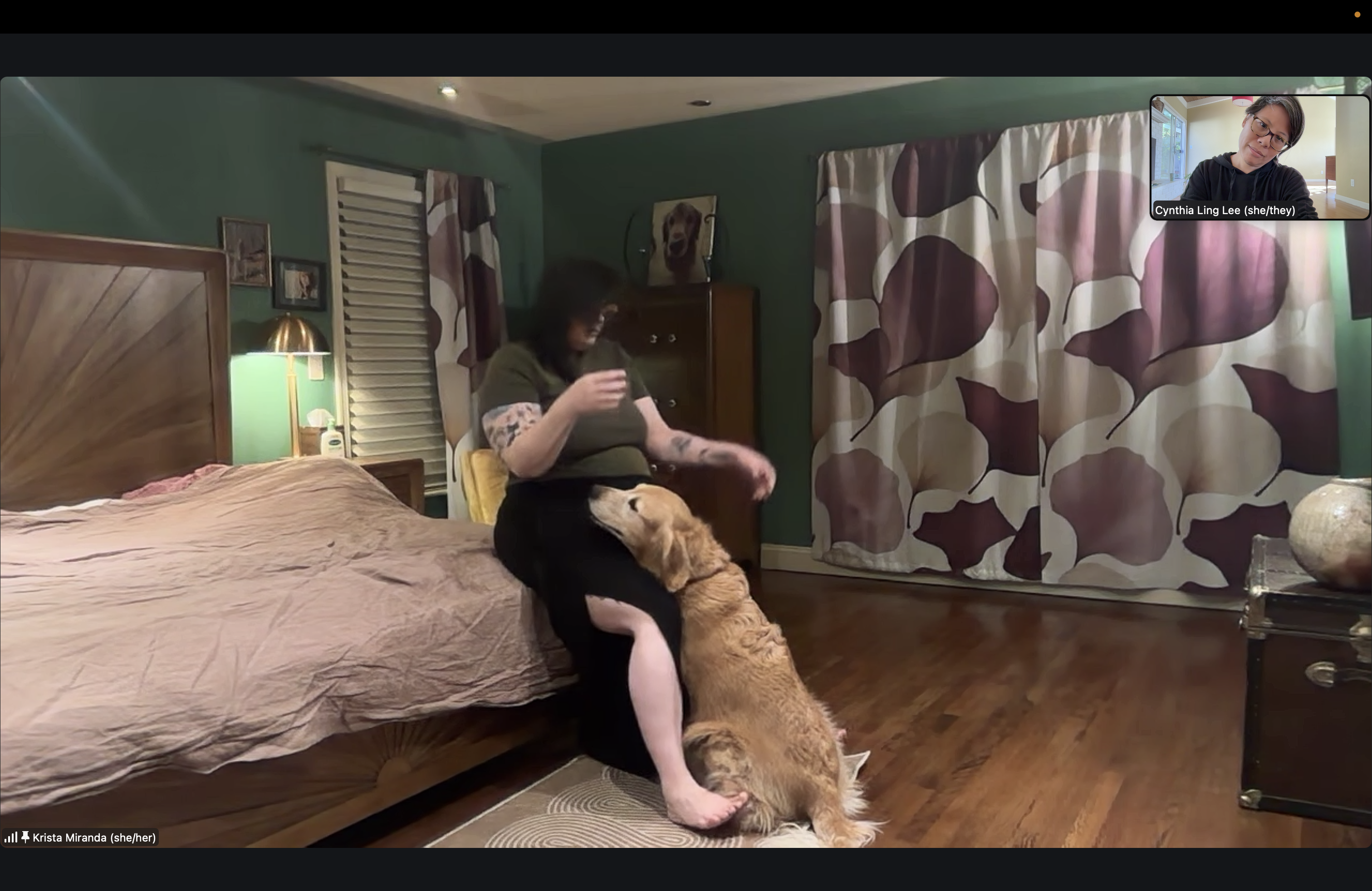 A screenshot of one of our Zoom rehearsals, featuring a dance duet on a bed between Krista and her golden retriever, Zuppa. Krista, a white fat crip woman with tattoos, sits perched on the edge of a bed, toes curled up and leg muscles activated, hands suspended in floating motion, while Zuppa nestles between her legs, chin resting cozily on her thigh. Cynthia, a Taiwanese person, watches from a tiny Zoom window in the corner, head cocked in interest. 